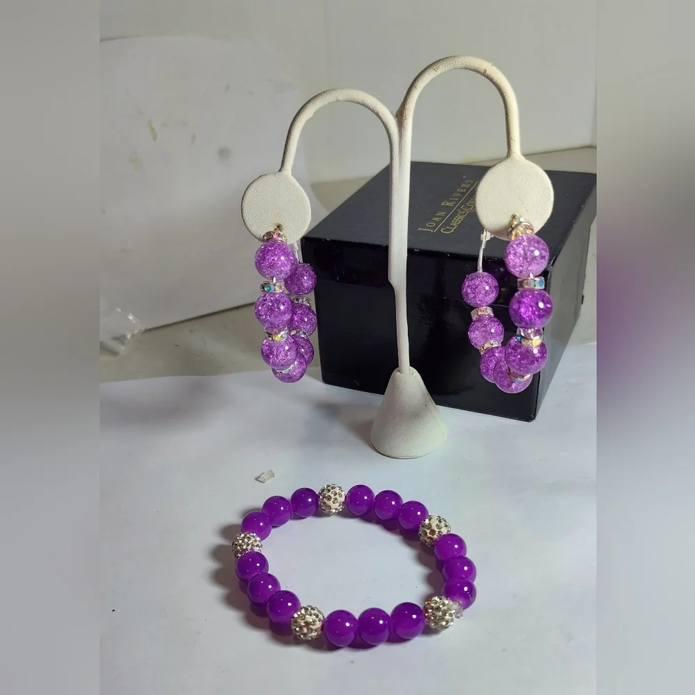 Purple Beaded Earrings Stretch Bracelet With Bling Jewelry Set